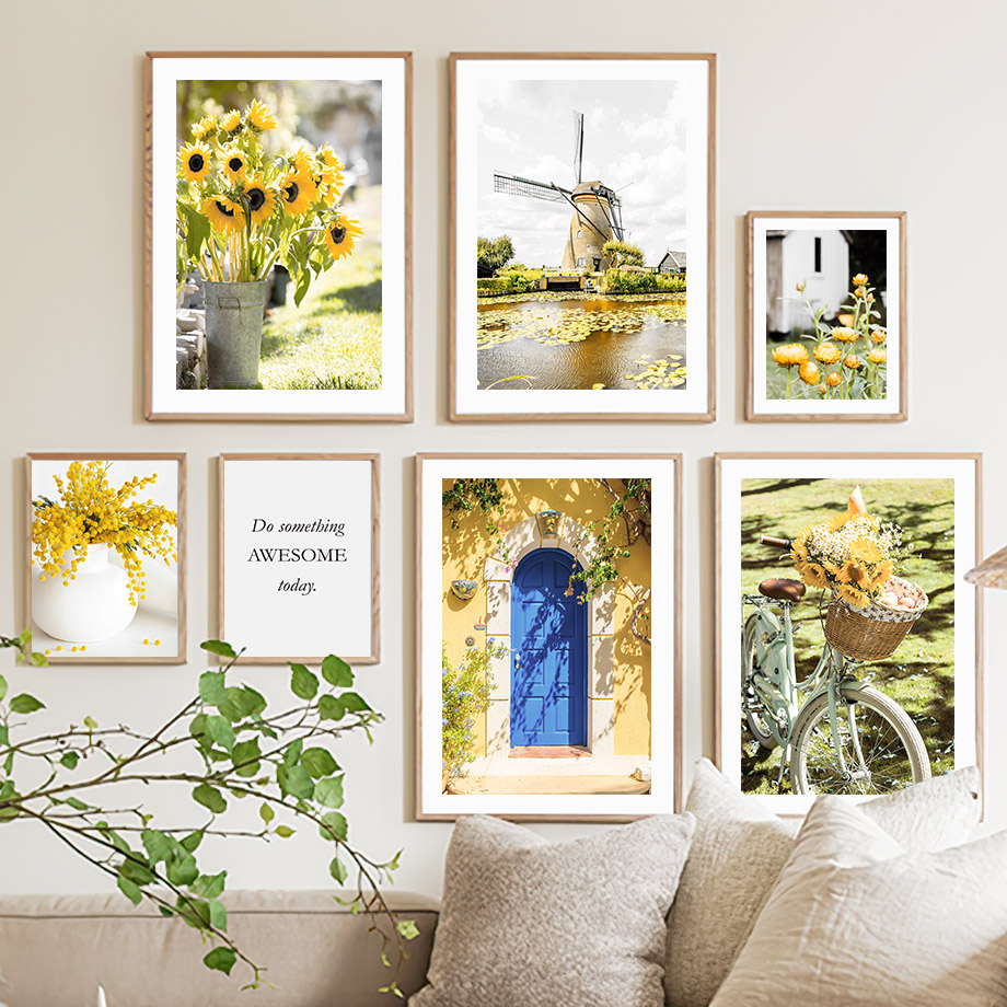 Spring Sunflower Windmill Farmhouse Rural Plant Flower Wall Art Art Tailvas PEINTURE Affiche jaune pour le salon décor