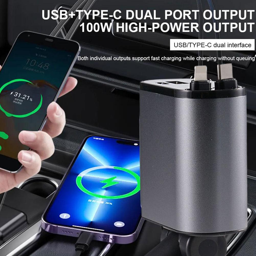 100W 4 IN 1 Retractable Car Charger USB Type C Cable For IPhone Samsung Fast Charge Cord Cigarette Lighter Adapter C8B2