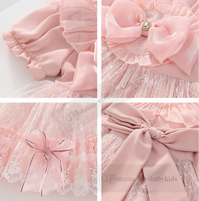 Girls sequins lace tulle dress kids Bows tie falbala fly sleeve gauze princess dresses summer children's day party clothing Z7671