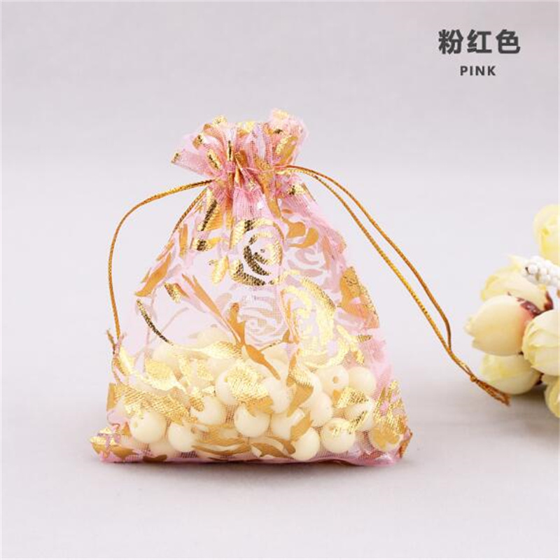 7x9cm Gold Heart Rose Organza Bijoux Sacches Sacs Mariage Voile Gift Christmas Sac Bijoux Emballage AB127