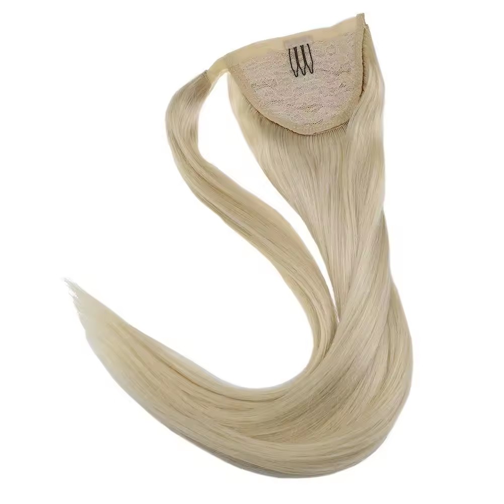 Extensão de rabo de cavalo longa cabelos reais 60 Extensões de cabelo loiro platina