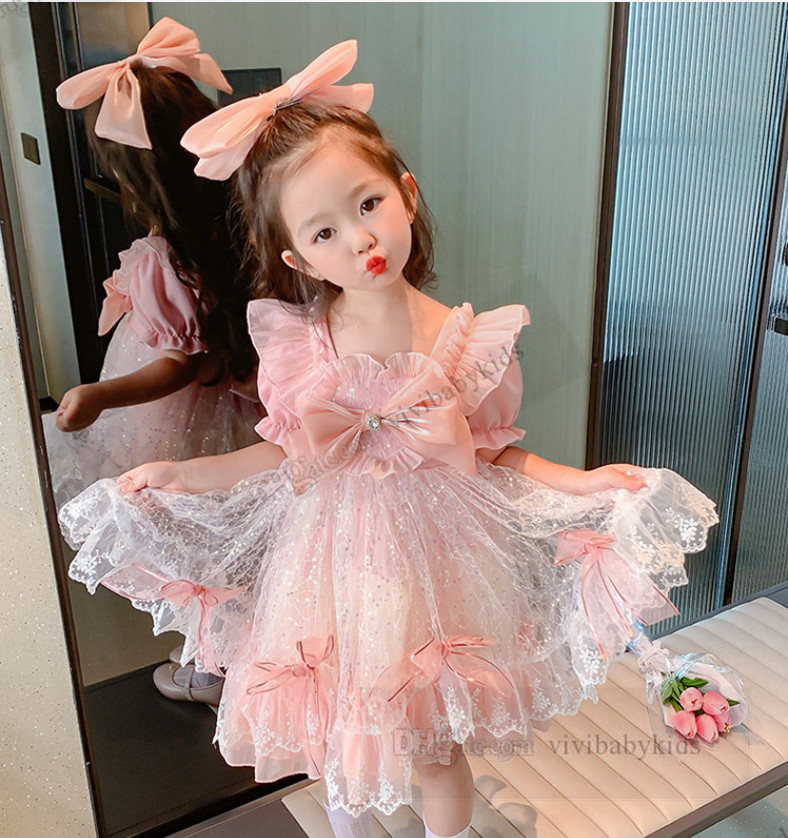 Girls sequins lace tulle dress kids Bows tie falbala fly sleeve gauze princess dresses summer children's day party clothing Z7671