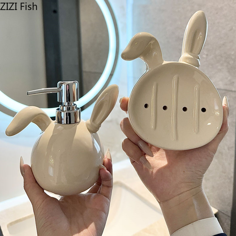 Light Luxury Rabbit Soap Dispenser and Soap Dish Set Bathroom Hotel Ceramic Hand Wash Bottle Home Bathroom Accessories Set