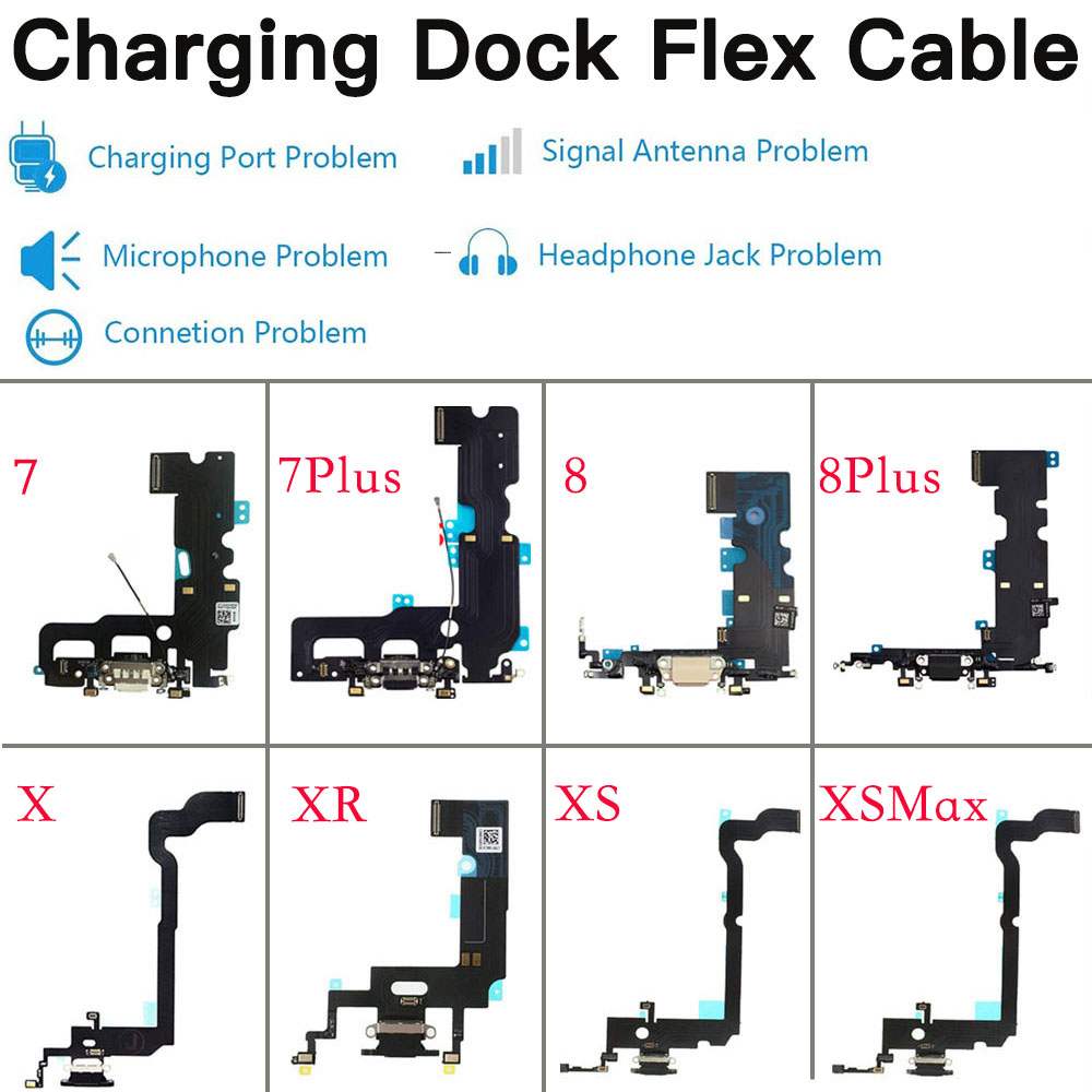 Laddningsport USB Dock Connector Assembly Flex Cable för iPhone 7 7P 8 Plus X XR XS Max Ersättningsdelar