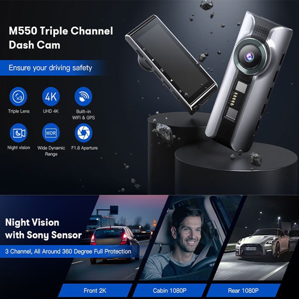 AZDOME M550 Dash Cam 3 Channel Car DVR 4K + 1080p Auto Video Camera GPS WiFi intégrée avec carte nocturne SD de 64 Go / 128 Go IR Vision nocturne