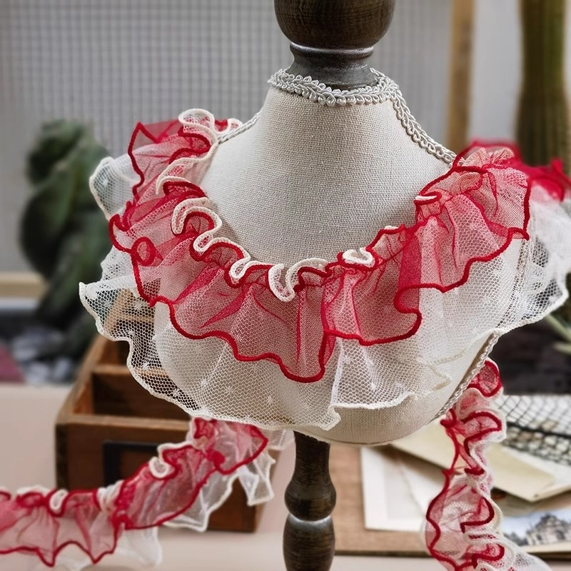 HOT Double intercolor Red and White ruffled lace DIY clothing skirt hat hem curtain bedding border sewing girl's room decoration