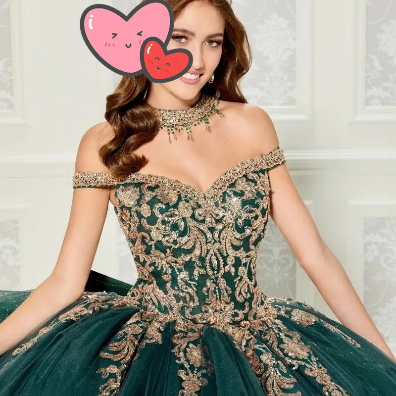 Luxury Emerald Green Quinceanera Dresses Off Shoulder Ball Gown Corset Birthday Party Dress Gold Applique Beads Vestidos De 15