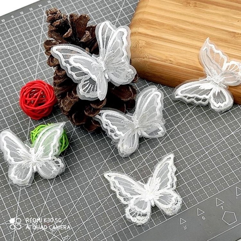 White Organza Double Layer Butterfly Patches Embroidery Trim Decal For DIY Handmade Hairpin Decorate Accessories