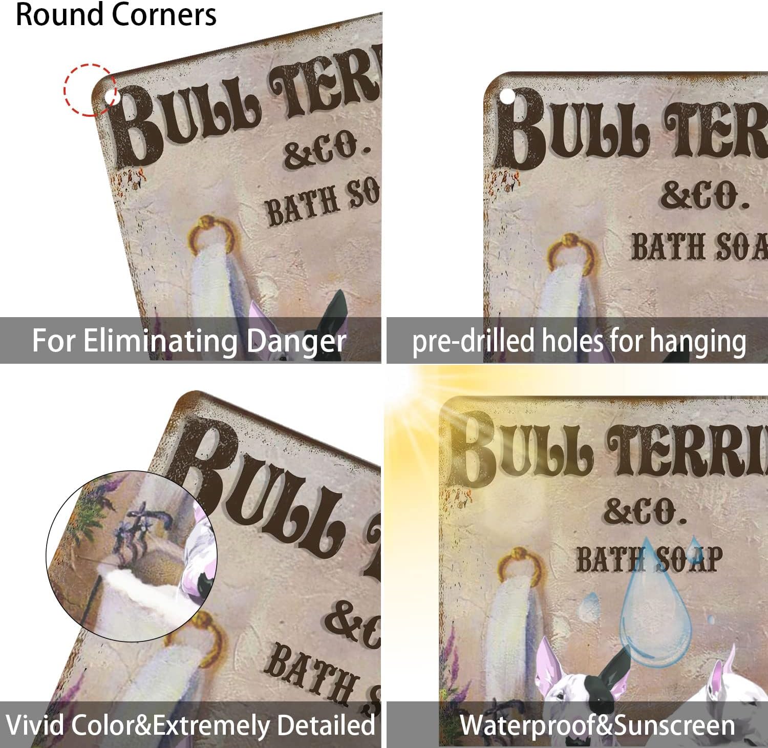 Signes en métal vintage Bull Terrier Co. Savon de bain Lavage Your Paws Tin panneaux