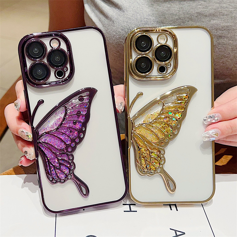 Luxury Placing Silicone Clear Glitter Sands Sands Dream Butterfly Case pour iPhone 15 Pro 14 13 12 11 Pro MAX DOPER ARRIFFE COURT