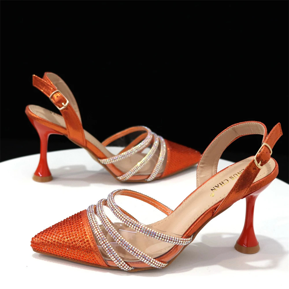 Chan Est Ins Style Orange Color Elegante High Heels Nigeria Design afrikanische Damenschuhe und Bag Set 240321