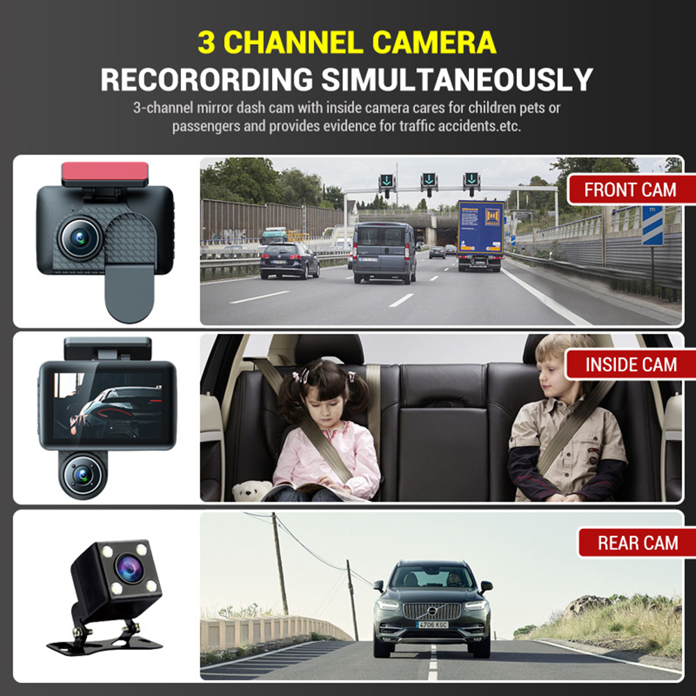 Cam de tableau de bord à 3 canaux 3 Lens Car DVR Enregistreur vidéo Dashcam DVRS BOX BOX DOUBLE DUAL DVR AVEC APPAREI