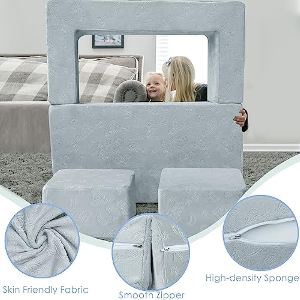 MeMoreCool Kids Couch Toddler Sofa Foam Couch for Kids, Modular Kids Sofa for Playroom Bedroom, Grey Rocket Fold Out Play