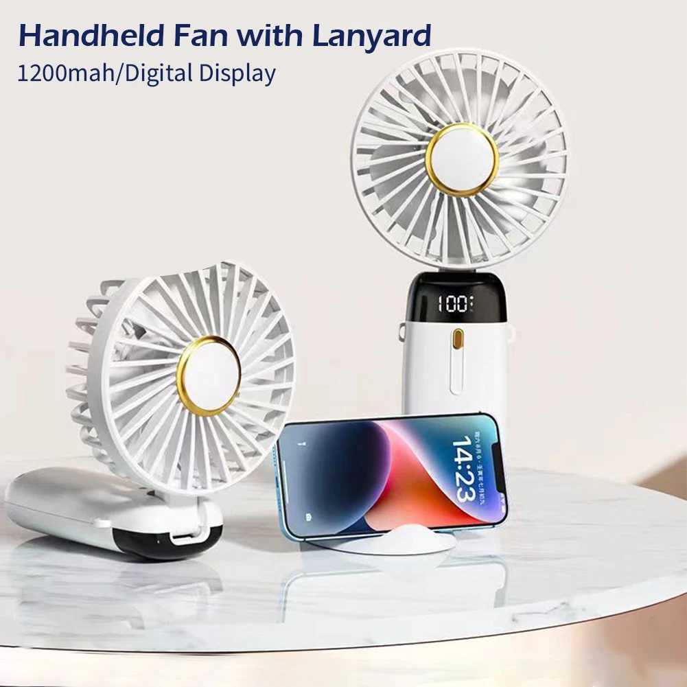 Electric Fans Handheld Folding Electric Fan USB Rechargeable Cooling Fan 1200mAh Portable Office Desktop Fan with Lanyard Base Digital Display