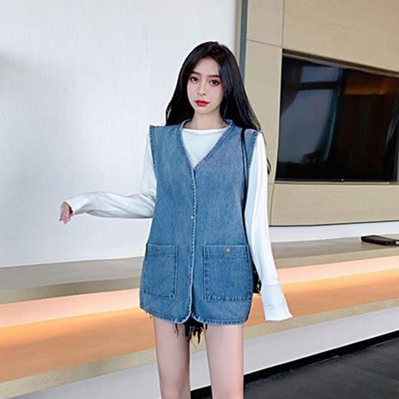 2023New Denim Vest Femmes Spring Automne Sleeveles Mid-Longle Longle Cardigan Mabe Femme Jeans Wonans Overwear Casualwear Lady Tops