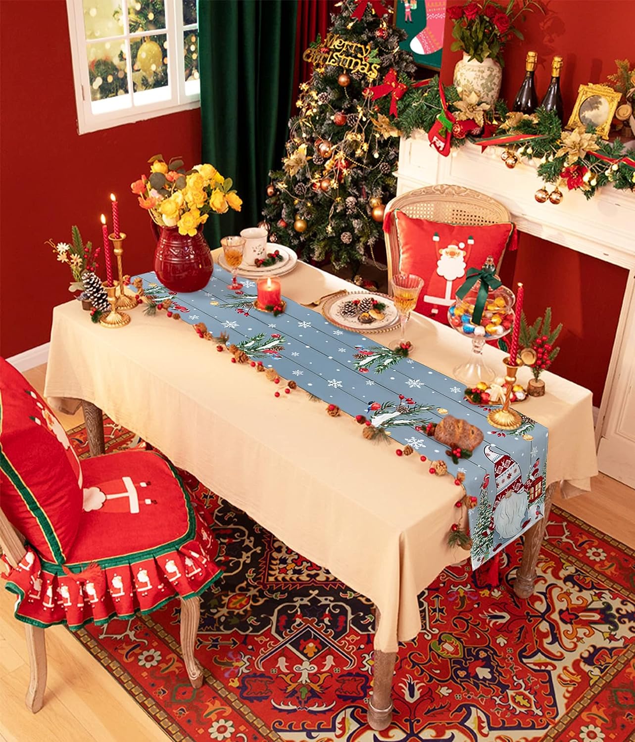 Рождественский снежинка гноме деревянные зерновые бегуны бегуны на кухонный стол