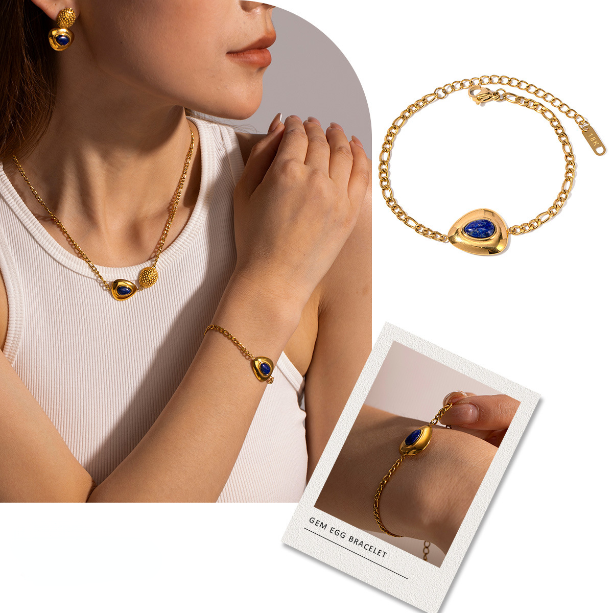 Minimalistisk designerarmband för kvinnor pläterade 18k guld rostfritt stål lapis lazuli triangel inlagd lapis lazuli hänge armband grossist av dagliga smycken