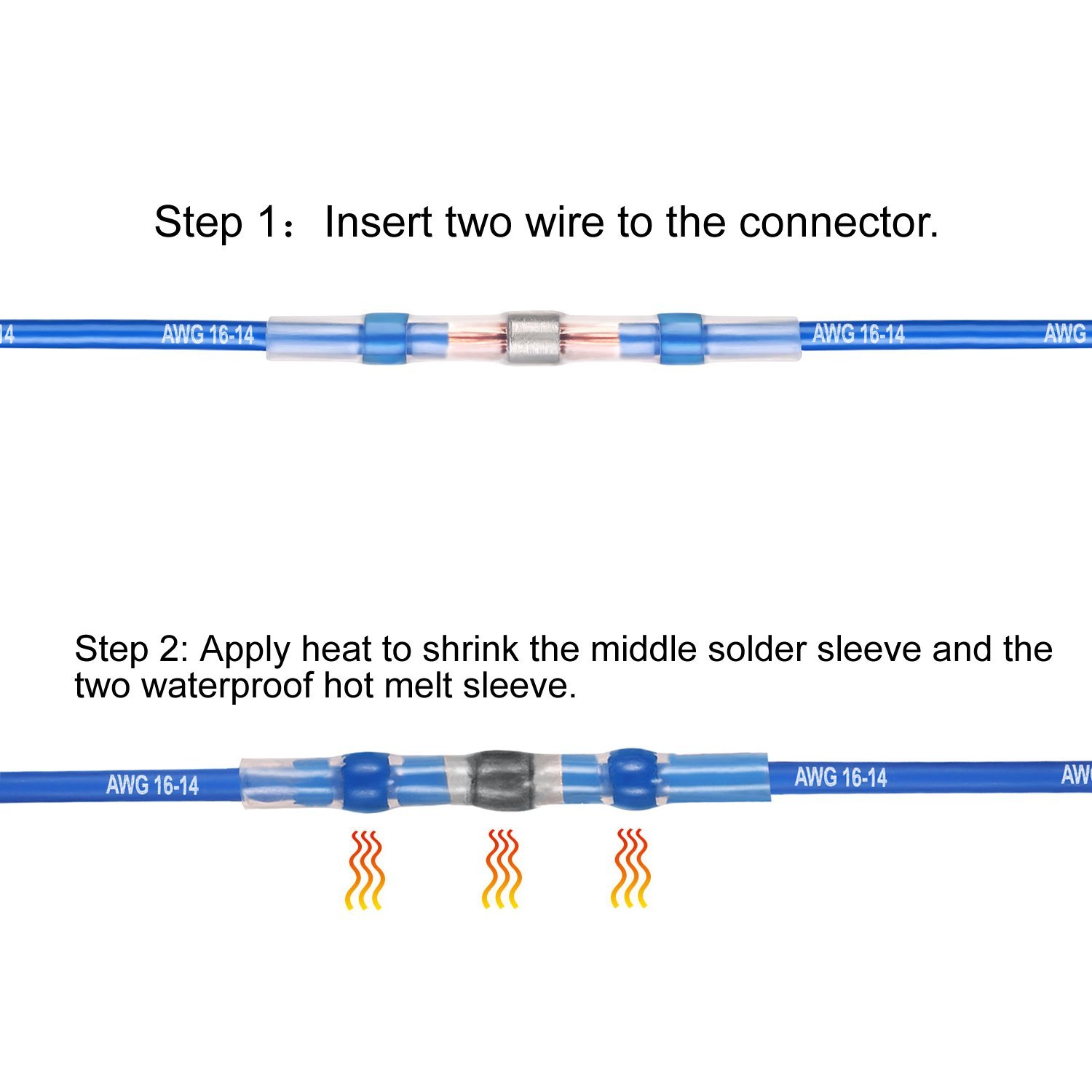 100-Vattentät lödtätningshylsa Skivning Terminal konserverad kopparvärme Krymp Electrical Wire Butt Connector AWG16-14 Blue