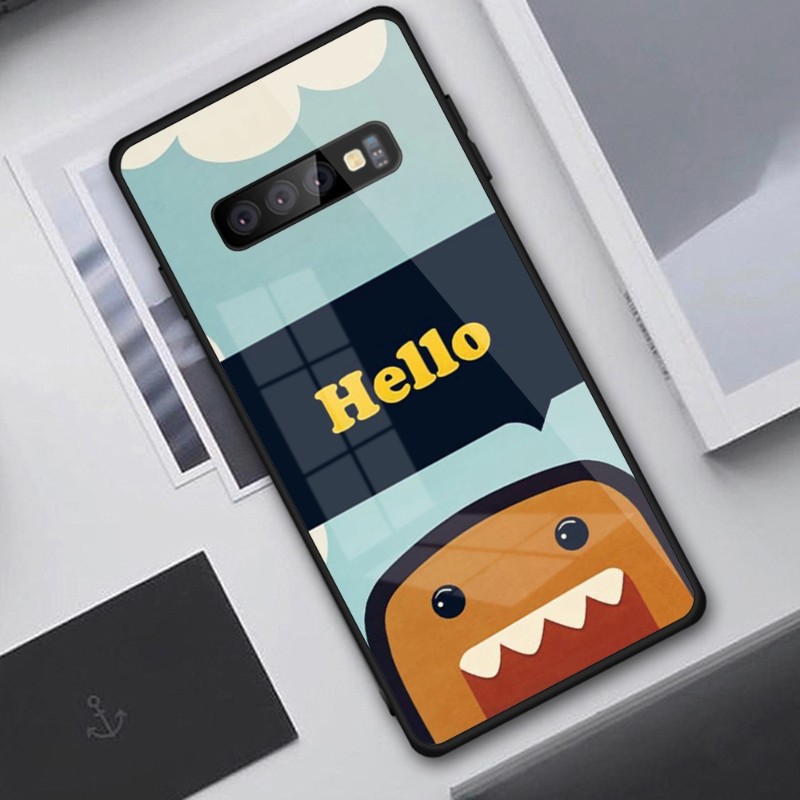 Étui de téléphone Domo Domo Funny-Kun pour Samung Galaxy S23 S22 S21 Pro Ultra M14 A14 A34 A54 A13 A33 A53 Black PC Glass Phone Cover