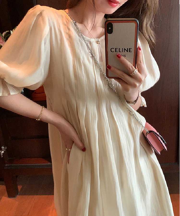 Maternity Dresses Plus Size Summer Pregnant Woman Dress Solid Color Puff Sleeve O-neck Loose Maternity Mini Dress Sweet Pregnancy Pleated Dresses 24412