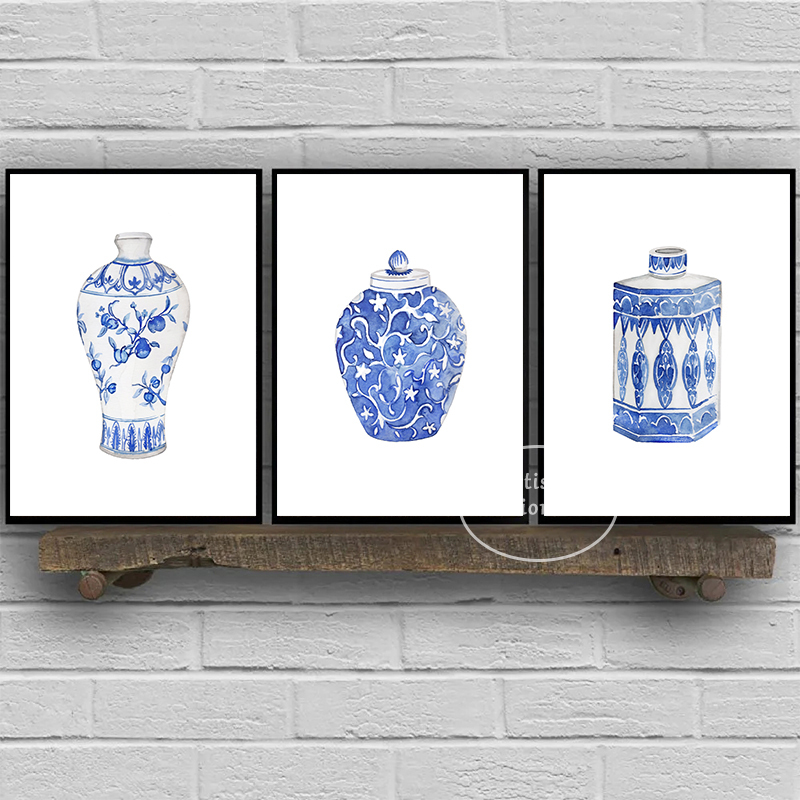 Aquarela Ginger Jar Vaso Poster de estilo chinês impressão ming porcelana azul e branco pintando a decoração da sala de arte oriental