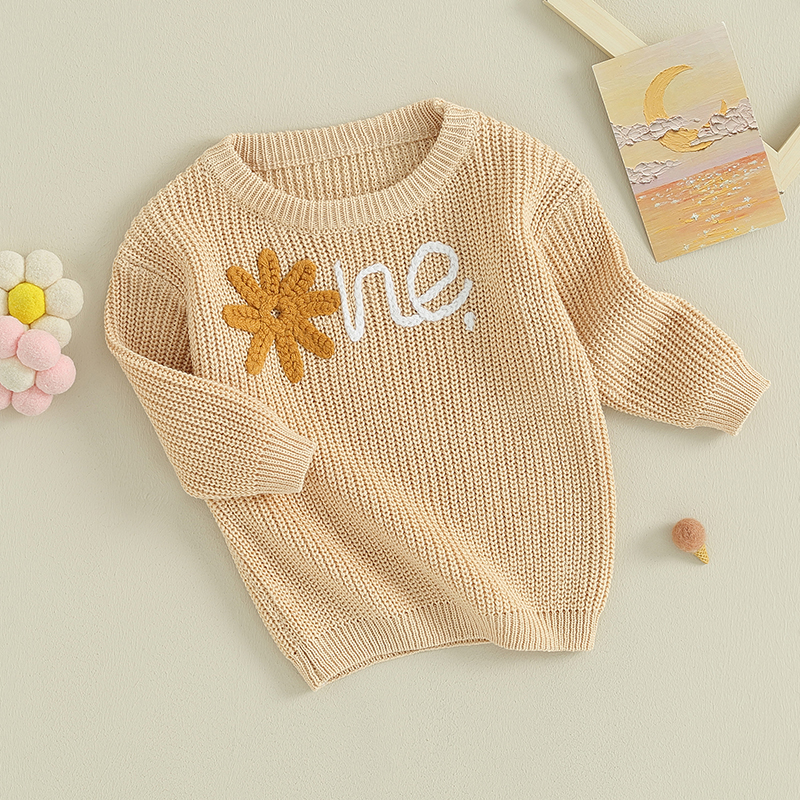 Visgogo 0-24M Baby Girl Pullover Herbst Winter Kleidung Blumenbuchstaben Muster Langarm runden Hals Strickwege Pullover