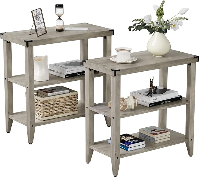 End Table Set of 1/2, Farmhouse Side Table with Storage, Small Entryway Table for Small Spaces Grey End Table for Living Room