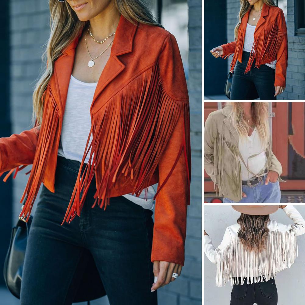 Höstkvinnor fransade hem Tassel Cardigan Crop Tops E Girl Motor Biker Jacka Suede Leather Jacket 90s Vintage Streetwear Coa