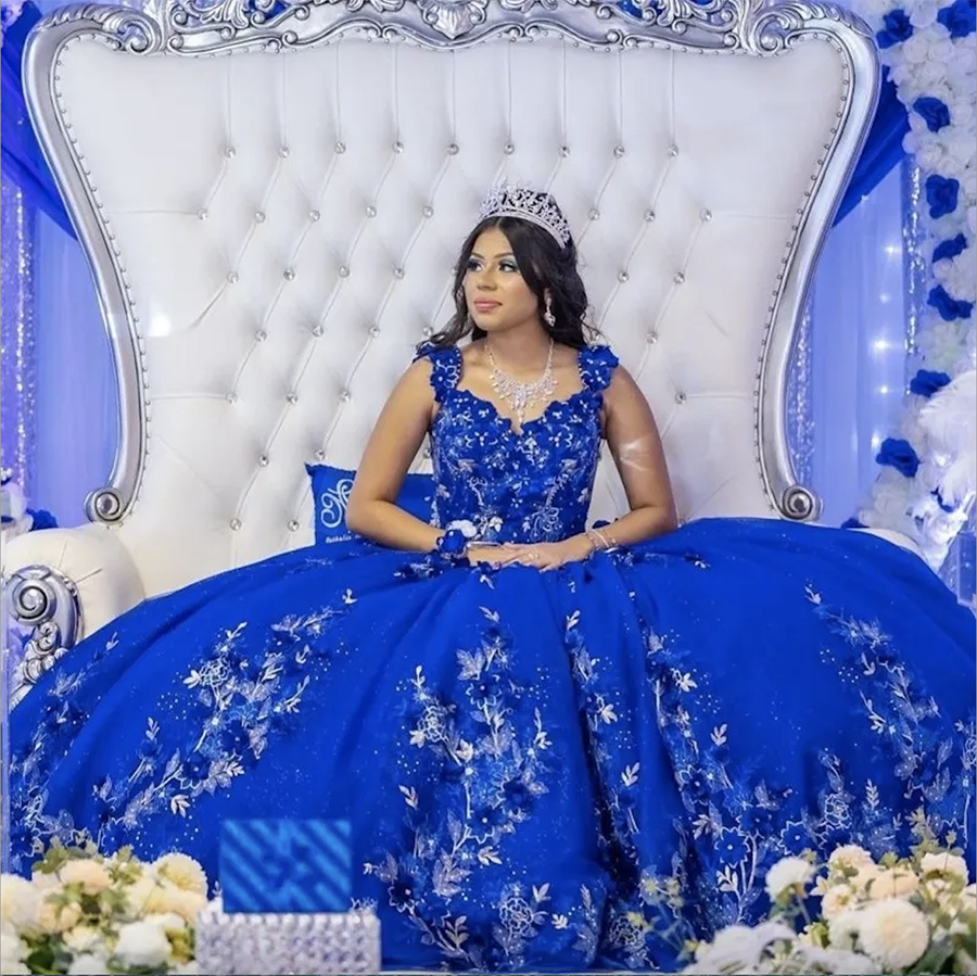 Blue Shiny Quinceanera Dresses Ball Gown 3DFloral Appliques Lace Sleeveless Off Shoulder Handmade Flowers Sweet 15 Vestidos De XV Anos