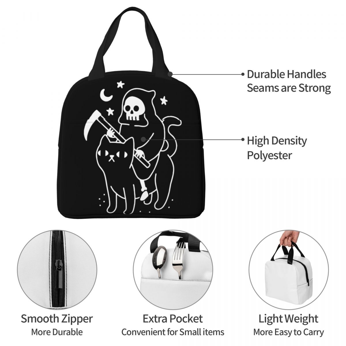 Death Rides A Black Cat Fackiced Fags Farmal Bage Meal Container Horror Halloween Grim Reaper Tote Funky Tote Box