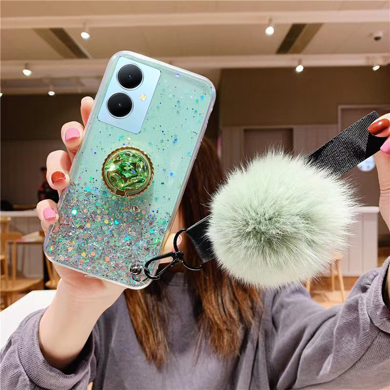 Phone Case for VIVO V29 Lite 5G Luxury Soft Tpu Cover with Rhinestone Holder and Hariball Strap