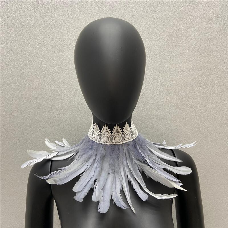 Women Natural Feather Shrug Shawl Fake Collar Gothic Shoulder Wrap Cape Collar with Lace Ties Cosplay Costume Party Scarf