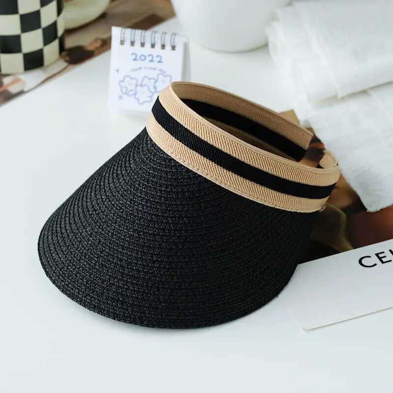 Visors Wide Brim Hats Bucket 2023 Summer Hat One Size Women Sun Handmade Lafite Grass Straw Visor Caps Empty Top Outdoor Uv Protection Beach Cap 240413