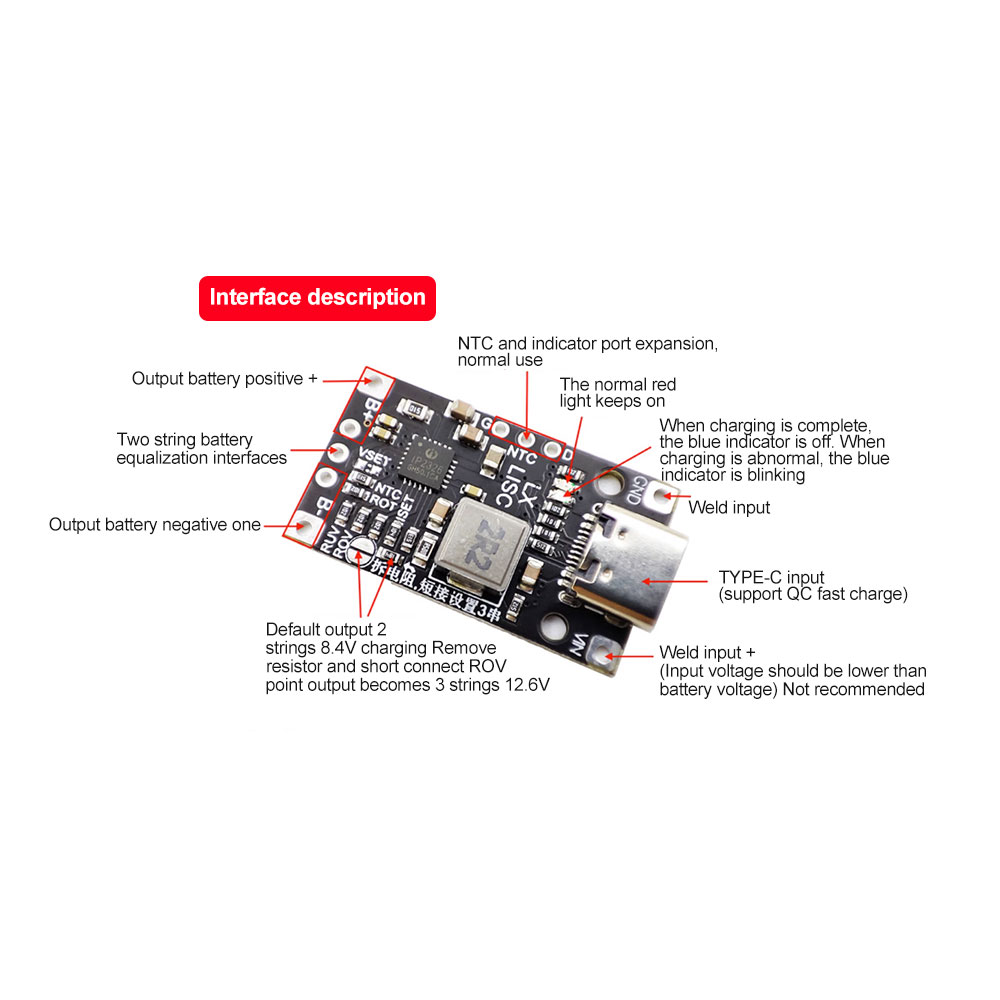 Carte de charge de pack de batterie au lithium haute puissance 2S / 3S BMS Boost Charge rapide /3.7V Module de charge en polymère / UAV Type-C USB