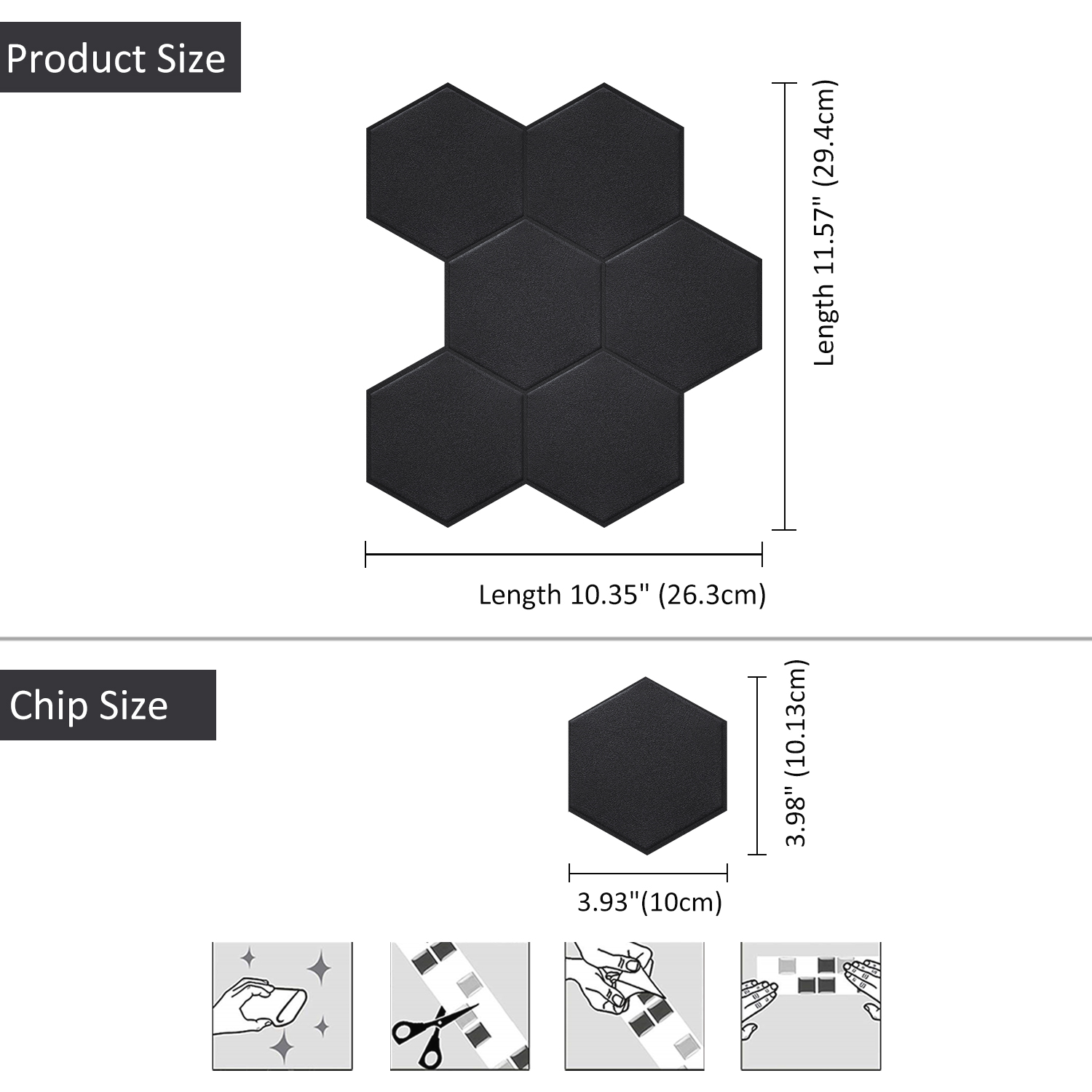 mattschwarze große hexagonale Wandfliesenaufkleber leicht zu schälen und kleber wasserdichte Vinylwandfliesen für die Heimdekoration