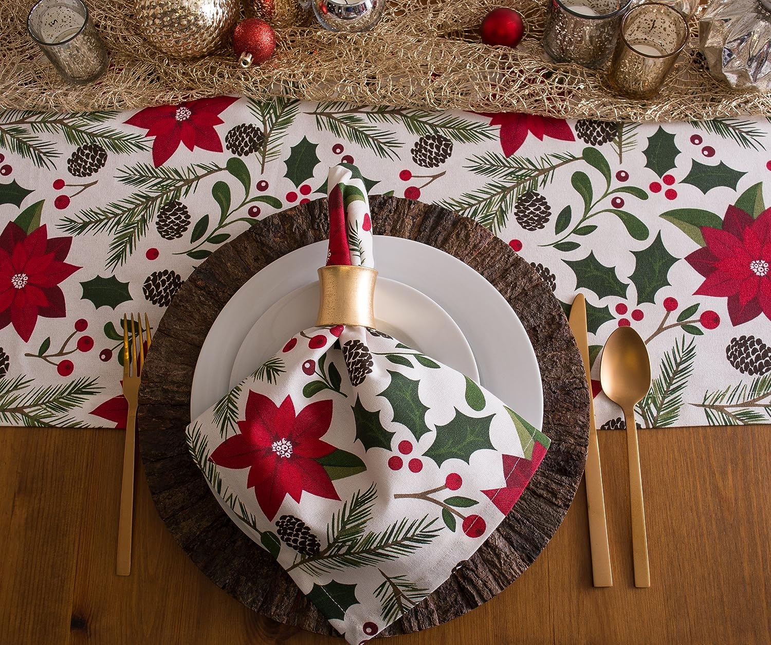 Christmas Poinsettia and Christmas Greenery Pattern Kitchen Rectangle Table Runner Holiday Party Table Rectangle Table Runner