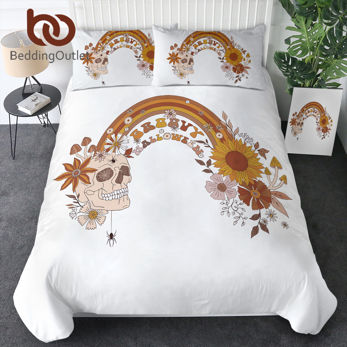 BeddingOutlet 3D Rainbow Skull Sunflower Spider Duvet Cover Happy Halloweens Theme Bedding Set Decor Polyester Hallowmas Gifts