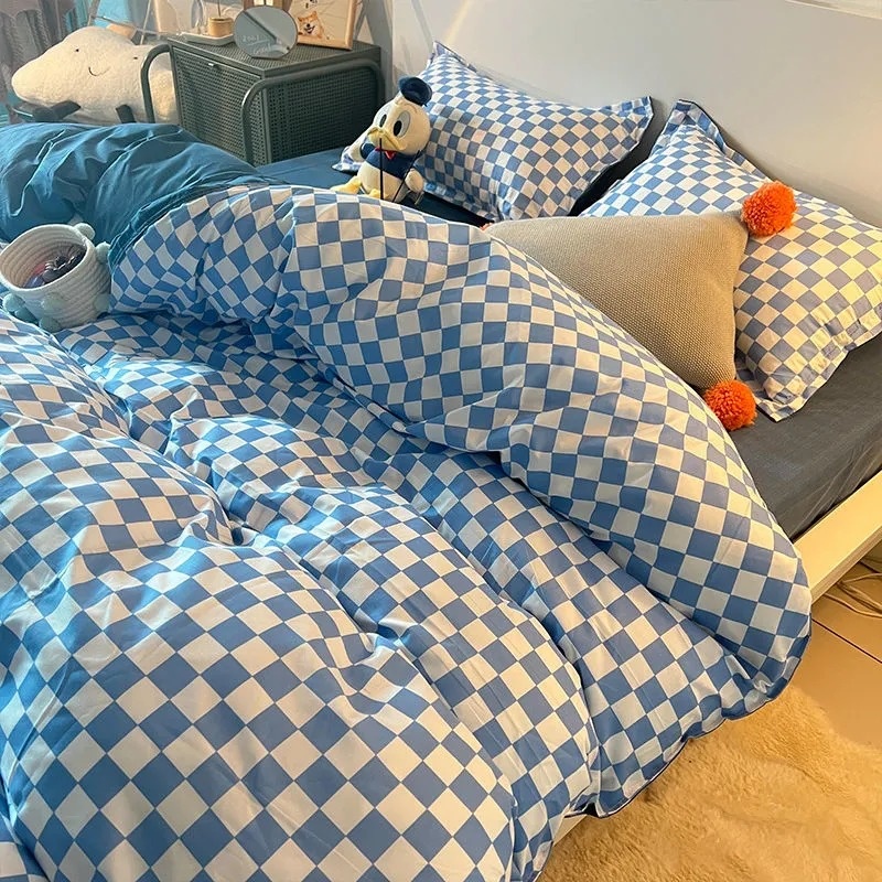 Checkerboard sängkläder set varm försäljning enkel drottning storlek platta ark täcke täcke täcke kudde polyester sängkläder hem textil