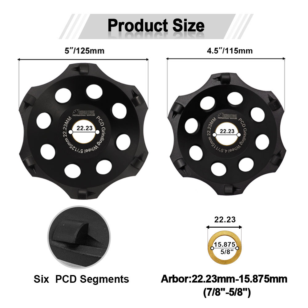 SHDIATOOL DIA 115/125 mm slijpen Cup Wheel Zes PCD -segmenten schurend polykristallijne verwijderde epoxycoatinglijmgat 22.23 mm
