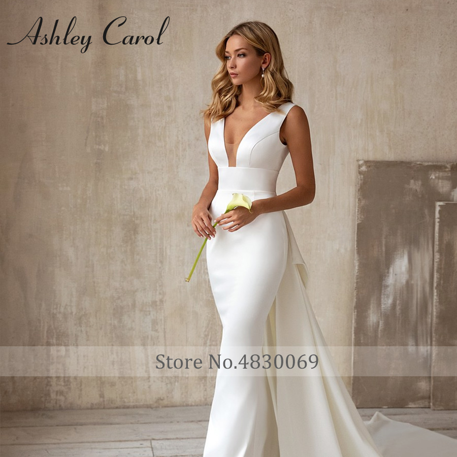 Ashley Carol Mermaid Wedding Dresses For Women 2023 Satin Detachable Train V-neck Empire 2 IN 1 Wedding Gown Vestidos De Novia