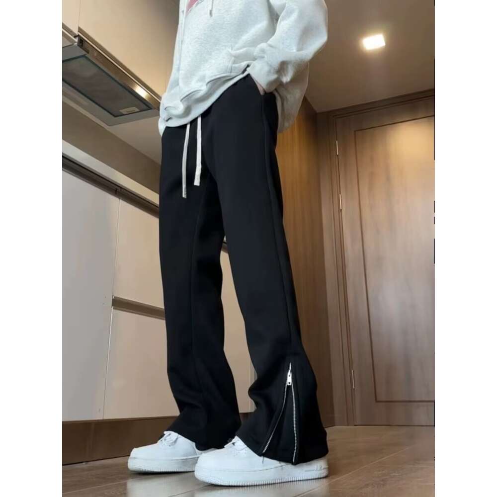 Amerikaanse stijl Sanitaire broek Heren Spring en herfststijl Zippered Split Wide Leg Sports Pants High Street Losse rechte been Casual broek