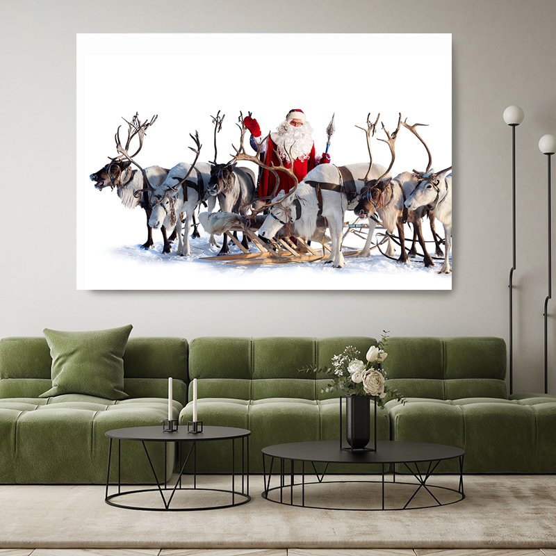 サンタクロースとクリスマストナカイポスターとプリントスノーシーンキャンバスペインティングウォールアート写真ホームバールームの装飾