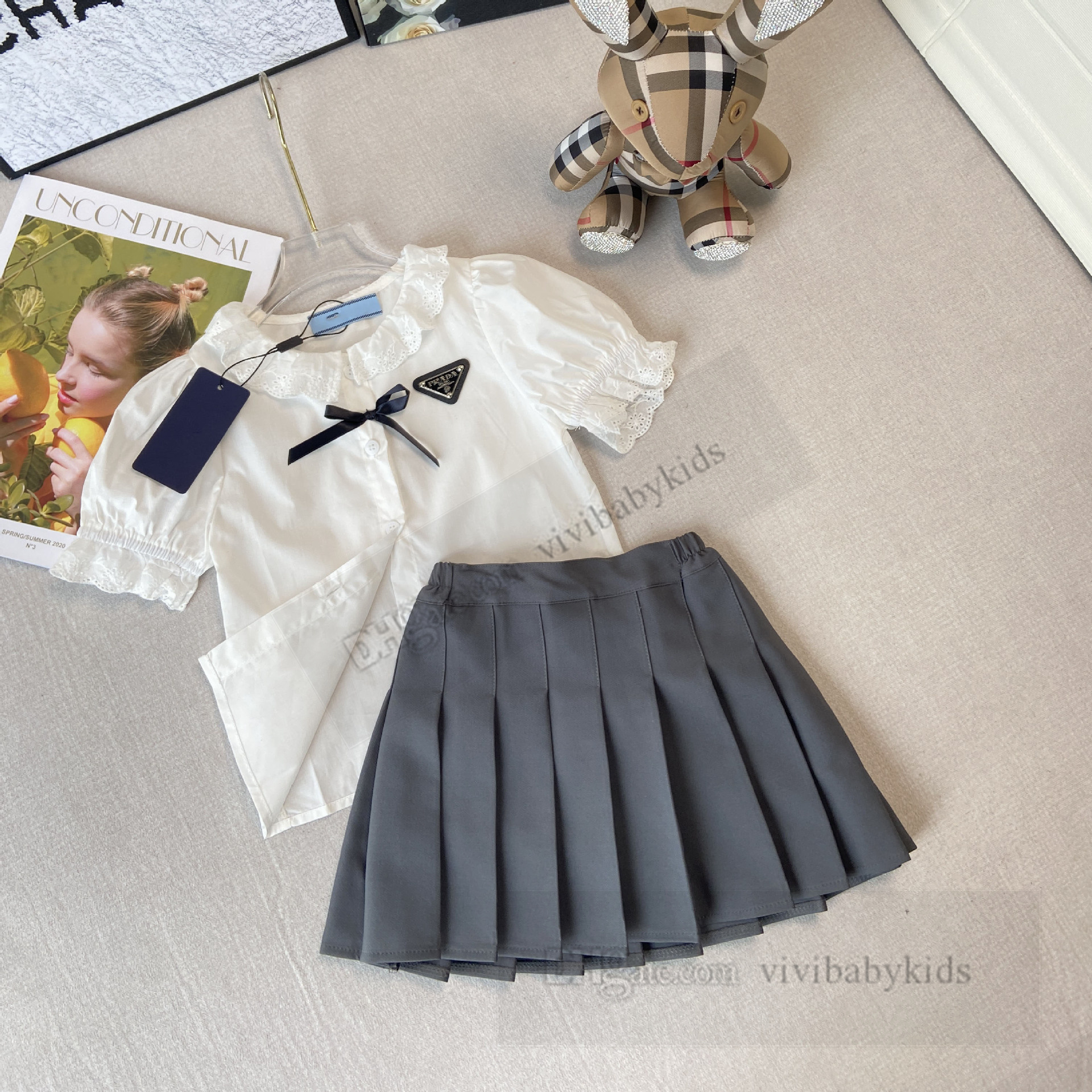 Set di abiti da design bambini set di ragazze triangolo falbala con camicia a maniche manica a soffio in piombo in stile preppy bambini outfit principessa z7681