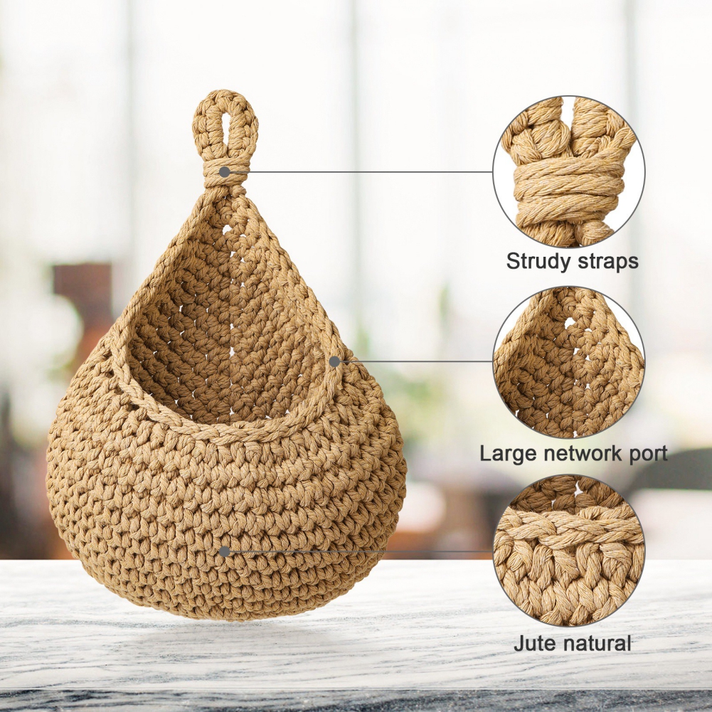 Wall Hanging Fruit Vegetable Basket Natural Jute Woven Teardrop Plant Basket Kitchen Table Wall-mounted Storage Basket Container