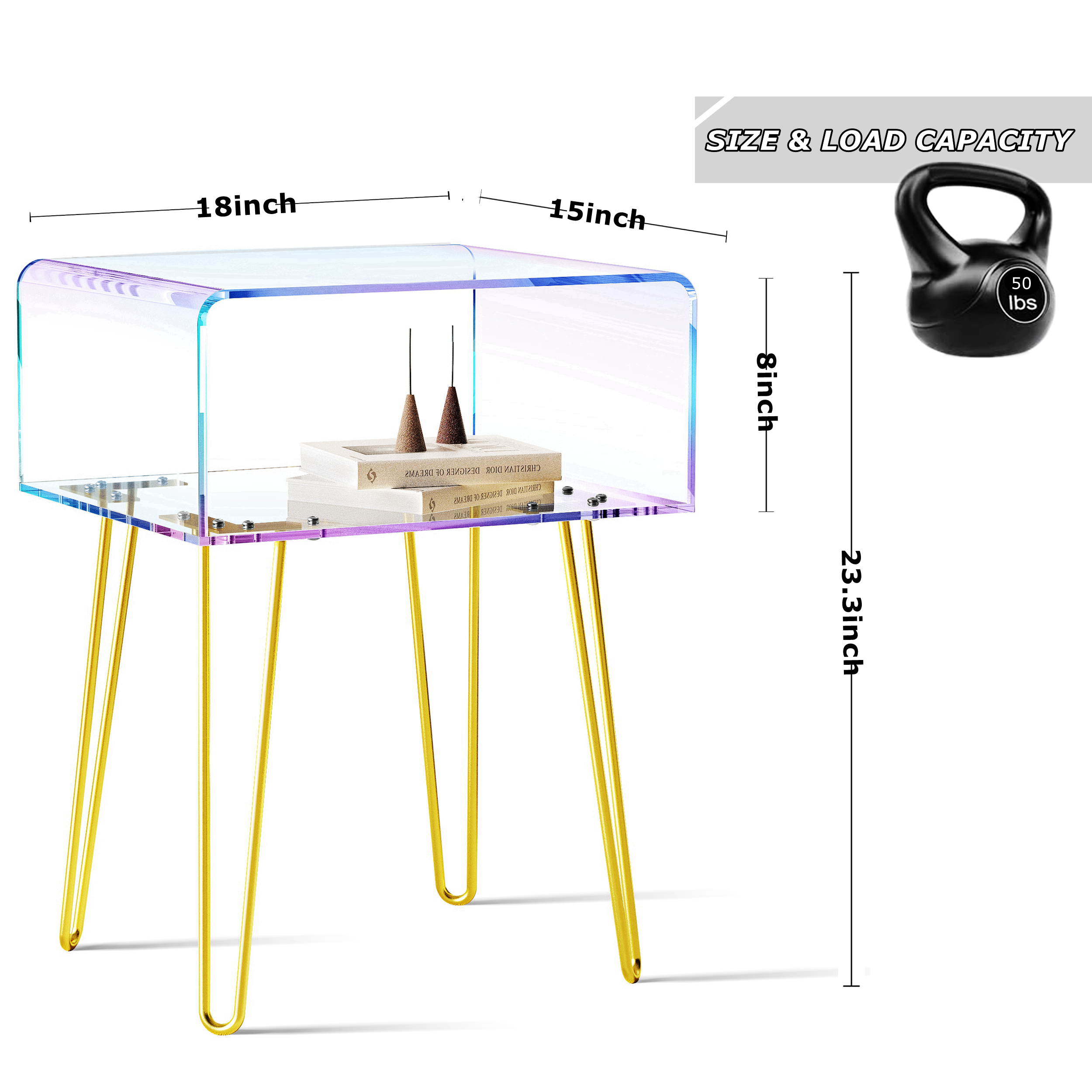ゴールデンメタルレッグ付きアクリルエンドテーブルレインボー透明コーヒーテーブルナイトスタンドベッドサイドテーブルベッドルームリビングルームカフェ用