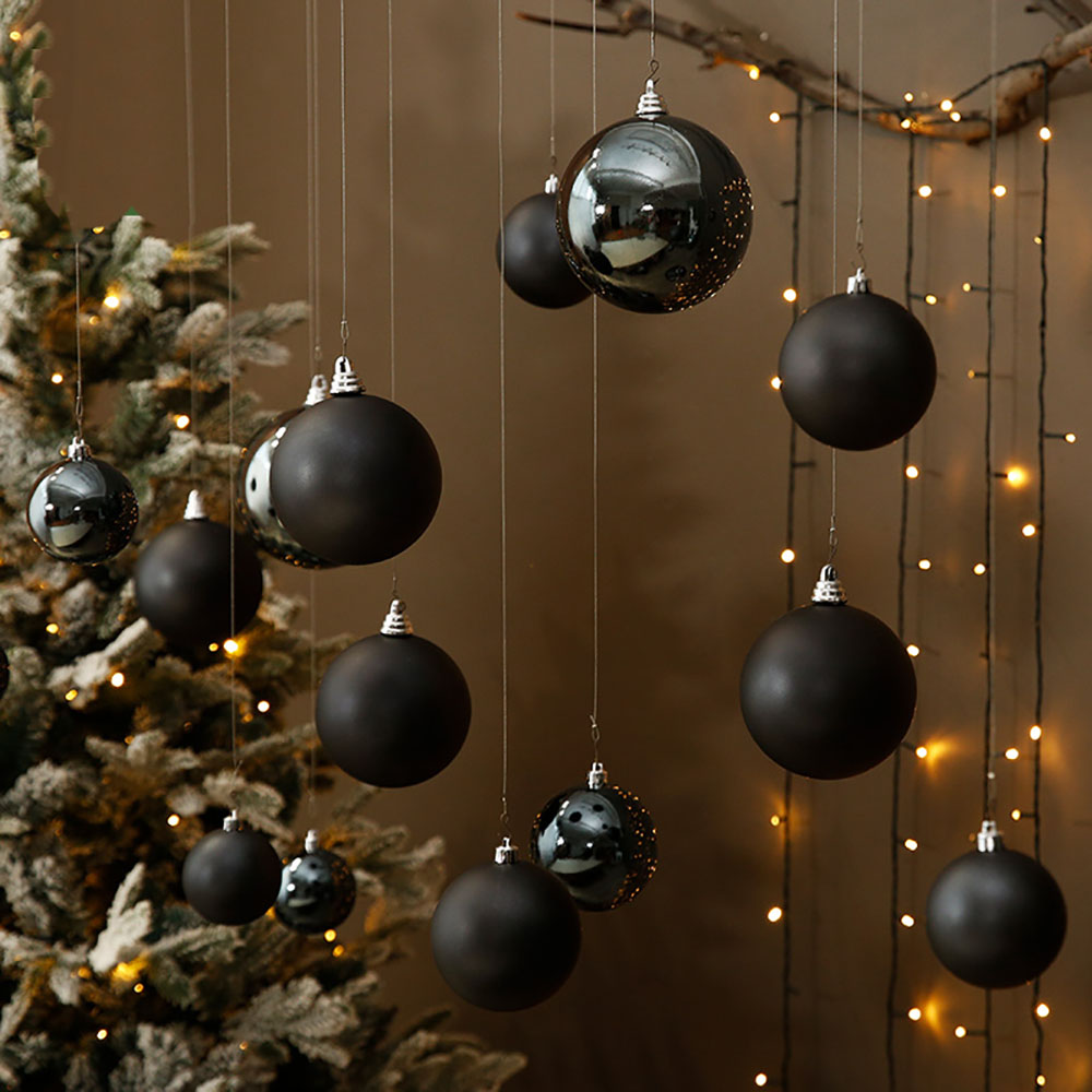 1-4-15cm Boule de Noël en plastique noir suspension Ornements de Noël pendentif décoratif joyeux noël décor du Nouvel An 2024