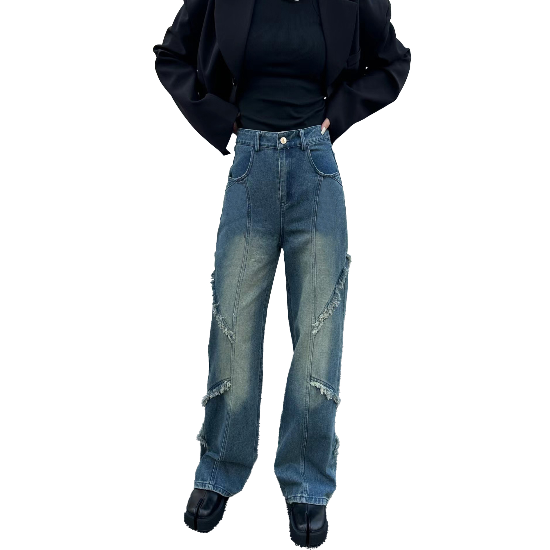 Niche design sense raw edge stitching jeans American retro wash to do old straight pants new thin wide leg pants