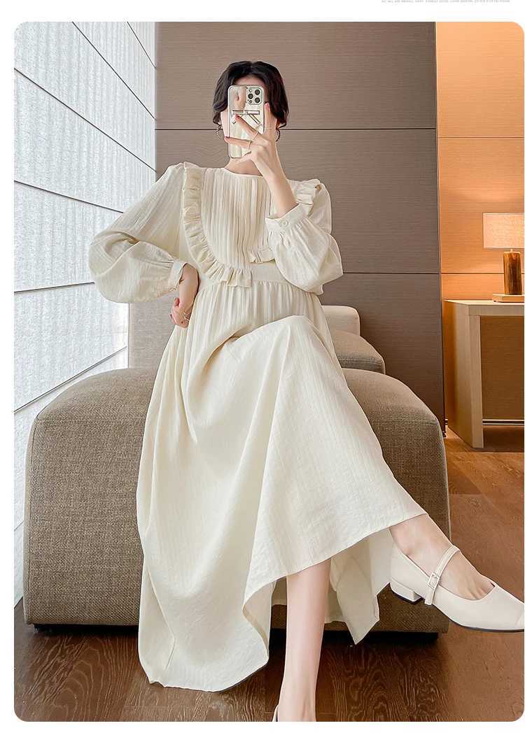 Maternity Dresses 2024 Autumn Winter Maternity Loose Dress Korean Style O-neck Pleated Ruffles Patchwork Sweet Pregnant Woman A-line Dress Elegant 240412