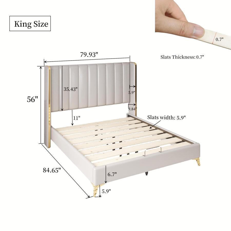 King Size Bed,Channel Tufted Upholstered Platform Bed with Thickening Pinewooden Slats,Metal Leg,56" Tall Headboard,Light Grey