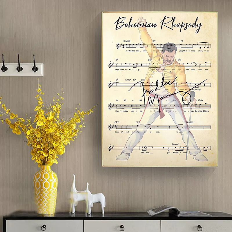 Letras de acordes Queen Bohemian Rhapsody Freddie Mercury Canvas Pintura Música Rock Star Arte de pared para la sala Decoración del hogar